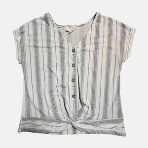 Flower & Feather Stripe Short Sleeve Button Front Twist Waist‎ Top S Boho Chic
